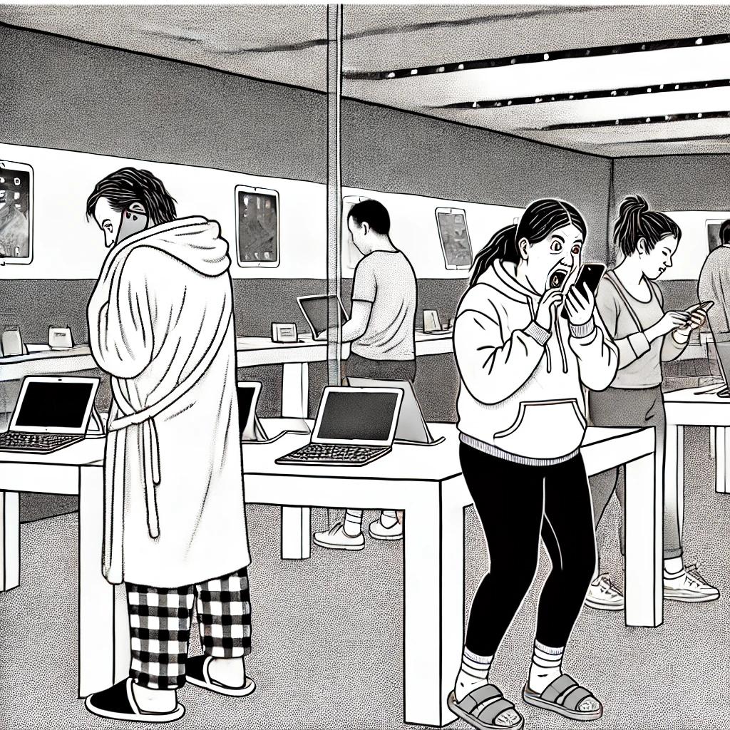 A black and white stipple illustration of a modern Apple Store, humorously depicting a man in pajamas and slippers browsing devices, a woman in a hoodie yelling into her phone, and a casually chaotic atmosphere that contrasts with the store's sleek minimalist design.