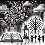 A black and white stipple illustration featuring an open book symbolizing knowledge, a tree representing growth, and a glowing lantern signifying guidance. Abstract lines and shapes surround the elements, symbolizing community connection and unity.