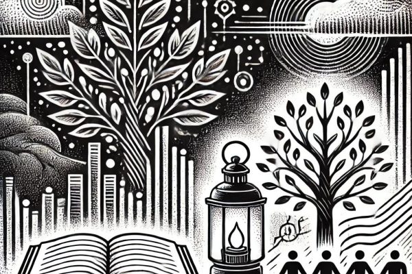 A black and white stipple illustration featuring an open book symbolizing knowledge, a tree representing growth, and a glowing lantern signifying guidance. Abstract lines and shapes surround the elements, symbolizing community connection and unity.