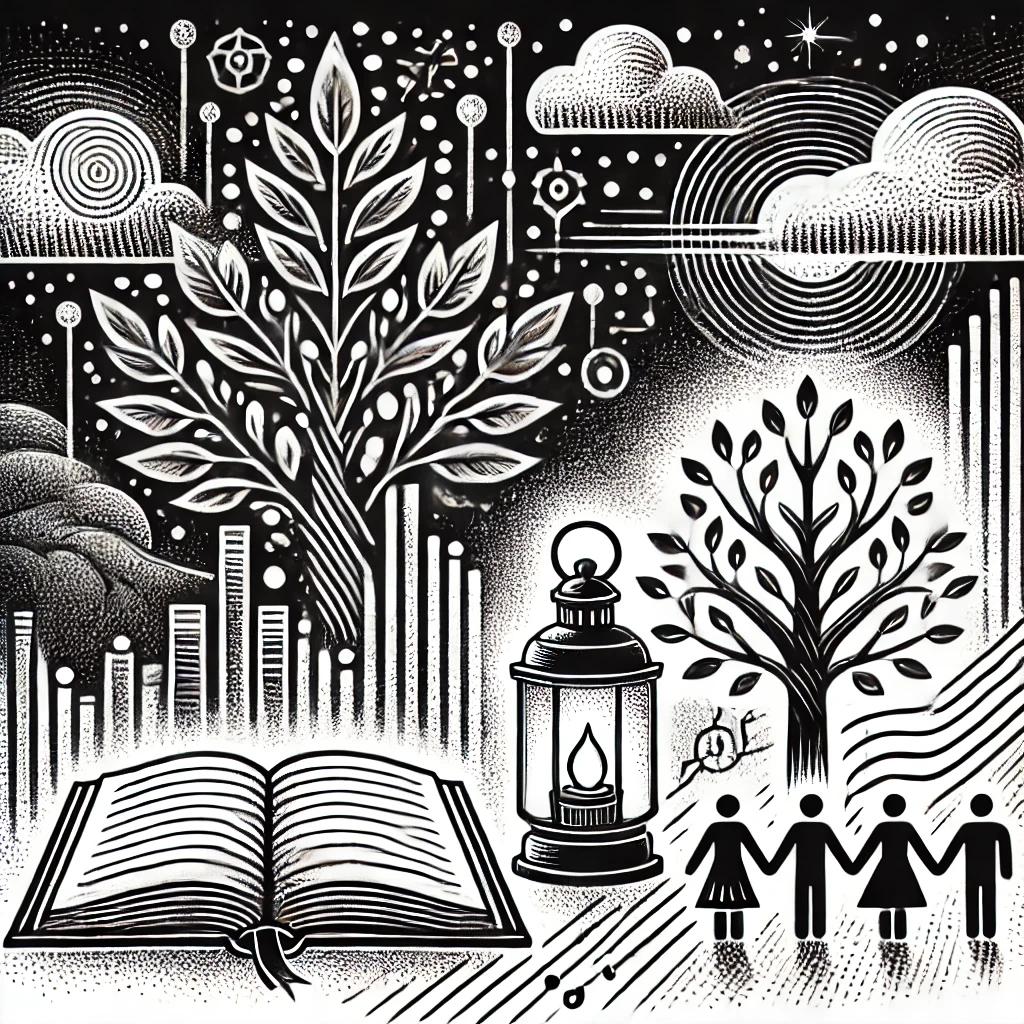 A black and white stipple illustration featuring an open book symbolizing knowledge, a tree representing growth, and a glowing lantern signifying guidance. Abstract lines and shapes surround the elements, symbolizing community connection and unity.