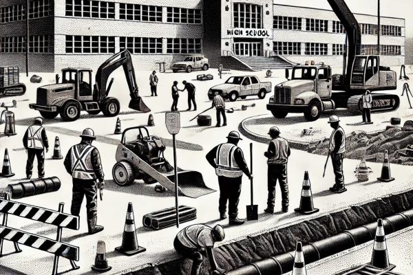 A black and white stipple illustration of a high school construction site. It features parking lot renovations, drainage improvements, and workers using tools and heavy equipment. Safety cones and a faint outline of a high school building are visible in the background.