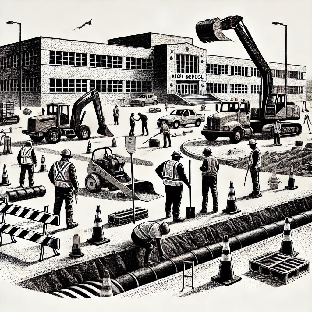 A black and white stipple illustration of a high school construction site. It features parking lot renovations, drainage improvements, and workers using tools and heavy equipment. Safety cones and a faint outline of a high school building are visible in the background.