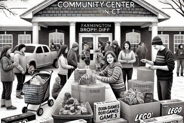 A black-and-white stipple art illustration of a toy drive scene at a community center in Farmington, CT. People of various ages are donating wrapped gifts like Legos and board games, with a festive atmosphere and a wintery backdrop.