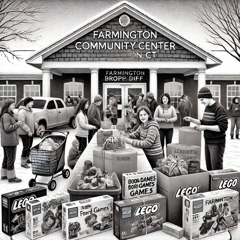 A black-and-white stipple art illustration of a toy drive scene at a community center in Farmington, CT. People of various ages are donating wrapped gifts like Legos and board games, with a festive atmosphere and a wintery backdrop.