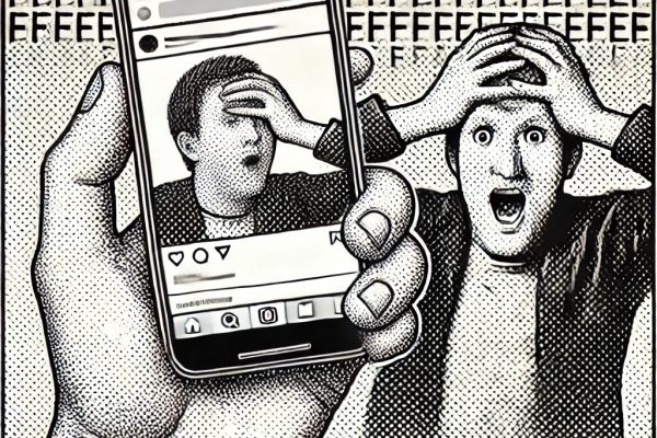 A black and white stipple illustration of a hand holding a smartphone displaying a meme, with a frustrated individual in the background clutching their head in disbelief. The image emphasizes themes of misinformation and frustration.