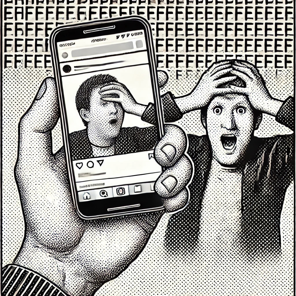 A black and white stipple illustration of a hand holding a smartphone displaying a meme, with a frustrated individual in the background clutching their head in disbelief. The image emphasizes themes of misinformation and frustration.