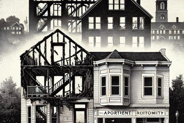 A black-and-white stipple illustration shows a partially rebuilt home in the foreground, transitioning from charred remains on one side to a sturdier new addition on the other. Behind it, an old nursing home structure is subtly overlaid with apartment windows, and to the side, a signboard suggests renewed local businesses. A few trees and rooftops complete the scene, symbolizing a community evolving thoughtfully.