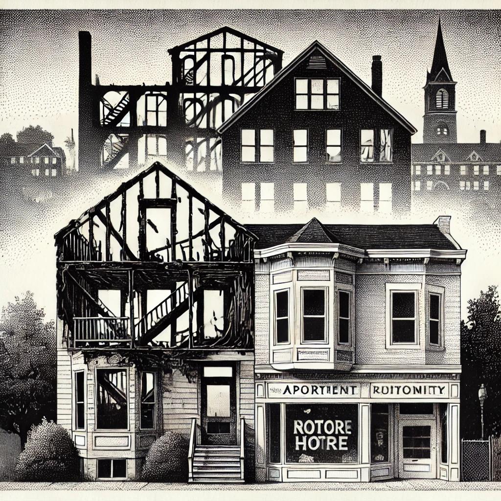 A black-and-white stipple illustration shows a partially rebuilt home in the foreground, transitioning from charred remains on one side to a sturdier new addition on the other. Behind it, an old nursing home structure is subtly overlaid with apartment windows, and to the side, a signboard suggests renewed local businesses. A few trees and rooftops complete the scene, symbolizing a community evolving thoughtfully.