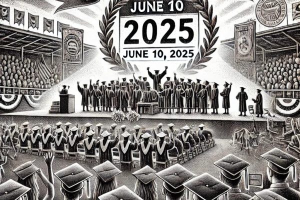 A black and white stipple art illustration of a high school graduation ceremony. Students in caps and gowns are on a stage with banners and a calendar showing June 10, 2025, while a cheering crowd of family members is in the background.