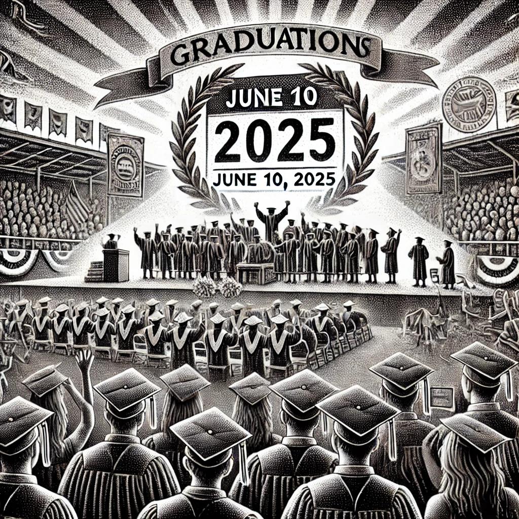 A black and white stipple art illustration of a high school graduation ceremony. Students in caps and gowns are on a stage with banners and a calendar showing June 10, 2025, while a cheering crowd of family members is in the background.