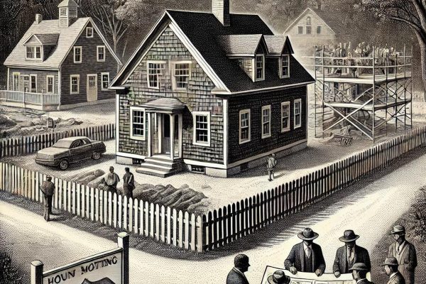 A black and white stipple illustration of a small historic town scene in Farmington, CT. It shows a Cape-style house under construction, surrounded by trees and a wooden fence, with a group of people discussing plans nearby.