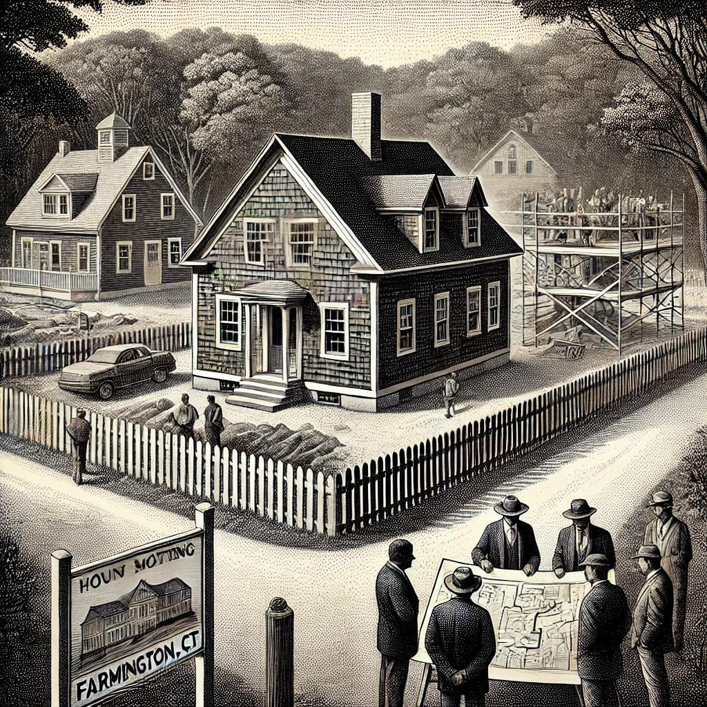 A black and white stipple illustration of a small historic town scene in Farmington, CT. It shows a Cape-style house under construction, surrounded by trees and a wooden fence, with a group of people discussing plans nearby.