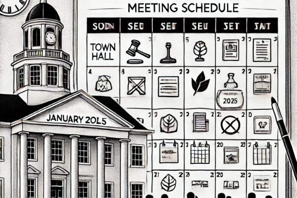 A black-and-white stipple illustration of a January 2025 meeting schedule theme. A town hall building is in the background, and a calendar labeled "January 2025" is in the foreground with small icons for meetings such as a gavel, a leaf, and a blueprint.