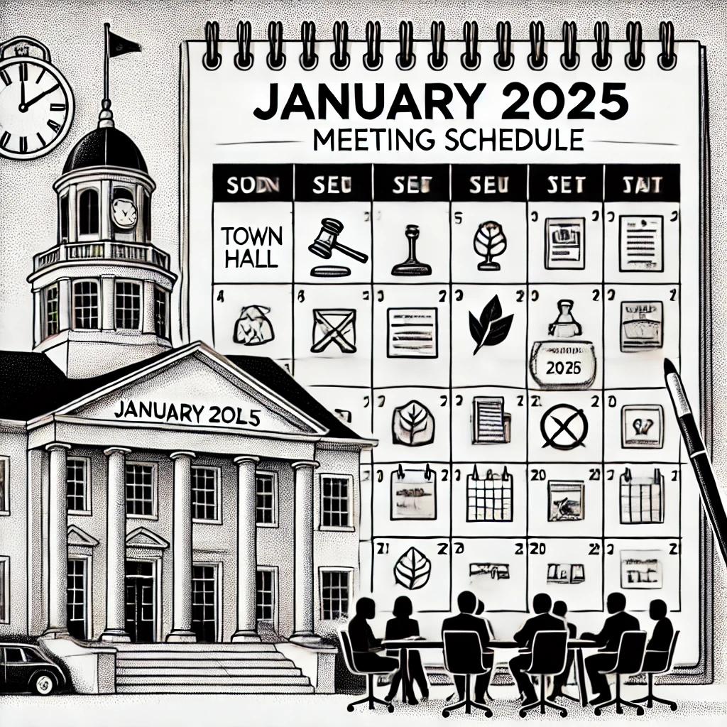 A black-and-white stipple illustration of a January 2025 meeting schedule theme. A town hall building is in the background, and a calendar labeled "January 2025" is in the foreground with small icons for meetings such as a gavel, a leaf, and a blueprint.