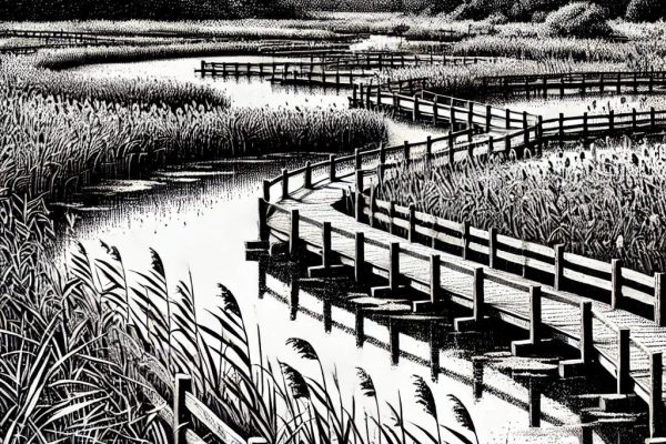 A black and white stipple illustration depicting a wetland area with intricate details. It features reeds, water reflections, and a scenic boardwalk winding through the preserved natural landscape.