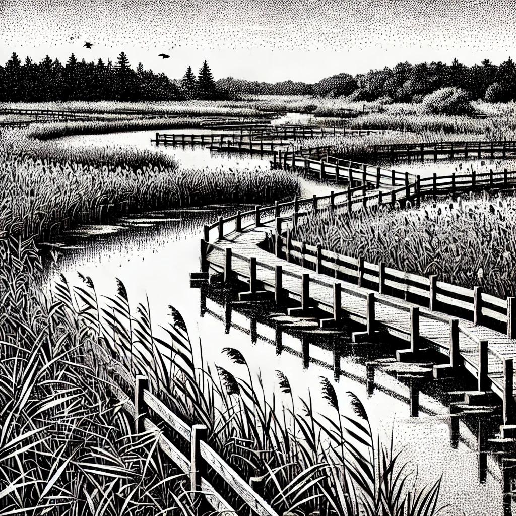 A black and white stipple illustration depicting a wetland area with intricate details. It features reeds, water reflections, and a scenic boardwalk winding through the preserved natural landscape.