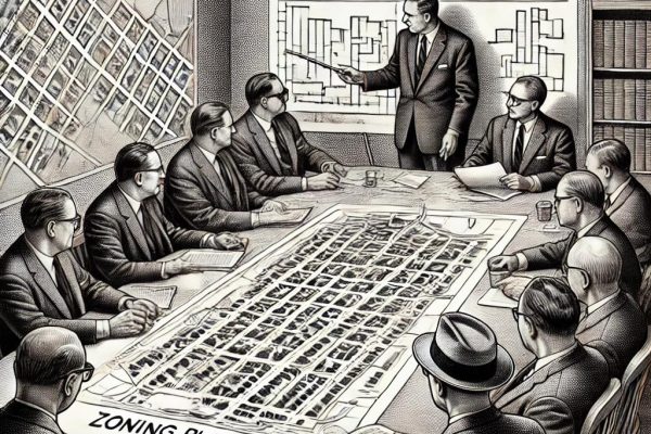 A black and white stipple illustration of a formal town planning meeting. Officials sit around a long table, reviewing zoning maps and architectural blueprints. One person gestures towards a large document while others listen attentively in a structured municipal setting.