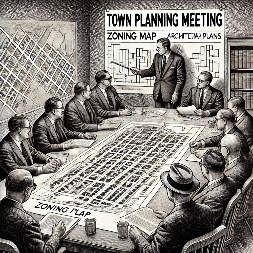 A black and white stipple illustration of a formal town planning meeting. Officials sit around a long table, reviewing zoning maps and architectural blueprints. One person gestures towards a large document while others listen attentively in a structured municipal setting.